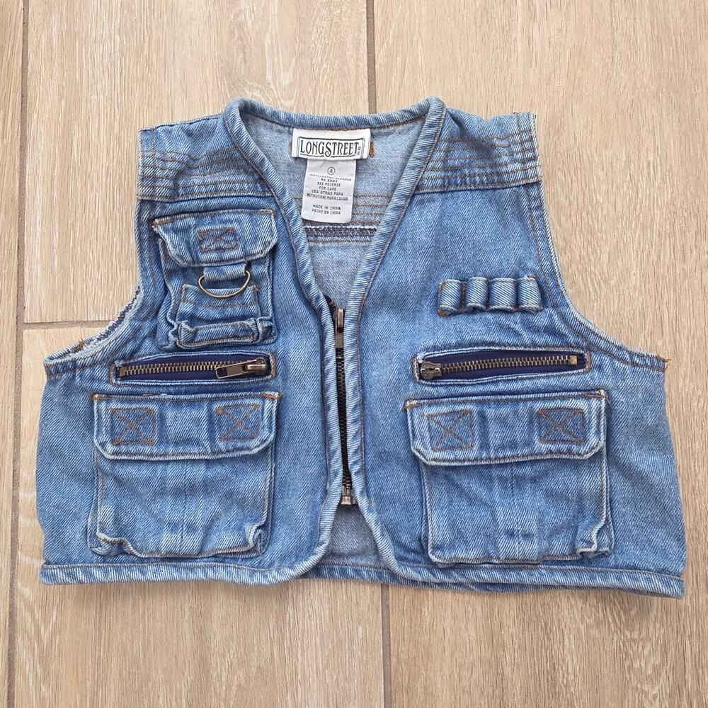 Vintage Y2K Longstreet Girls Denim Utility Vest Size 4 Cargo Zip Western Grunge